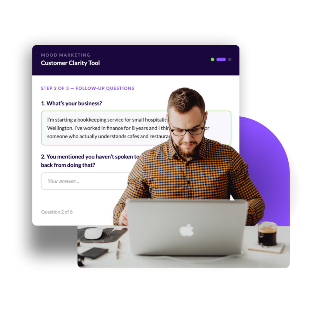Customer Clarity Tool question screen showing a business owner's answer